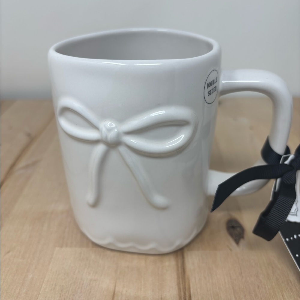 Rae Dunn NO VALIDATION NEEDED Mug Double Sided White Ceramic with Raised Bow New